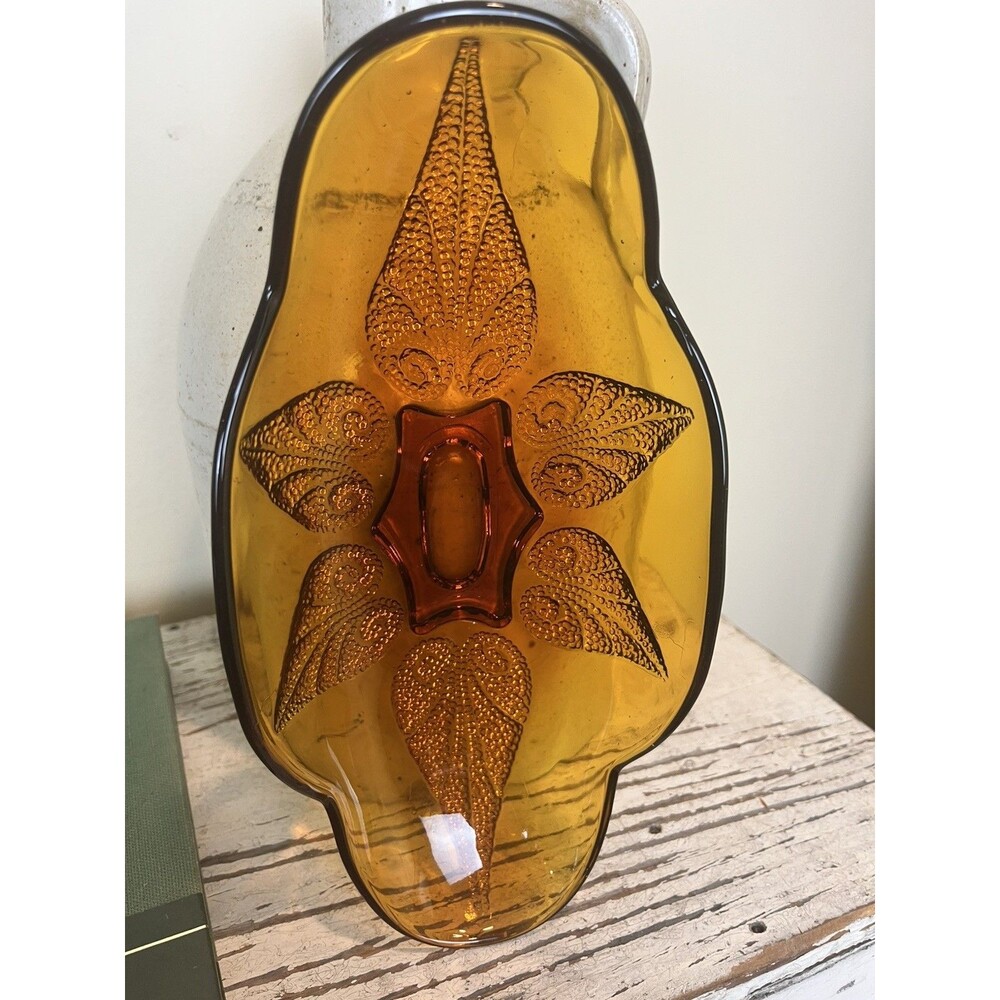 Vintage Dotted Raised Leaf Pattern Indiana Amber Glass Candy Nut Relish Dish